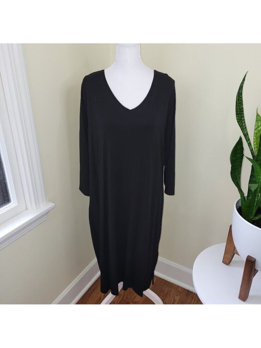 Eileen Fisher Black Long Sleeve Crewneck Shift Dress Women's Size L - Picture 2 of 12